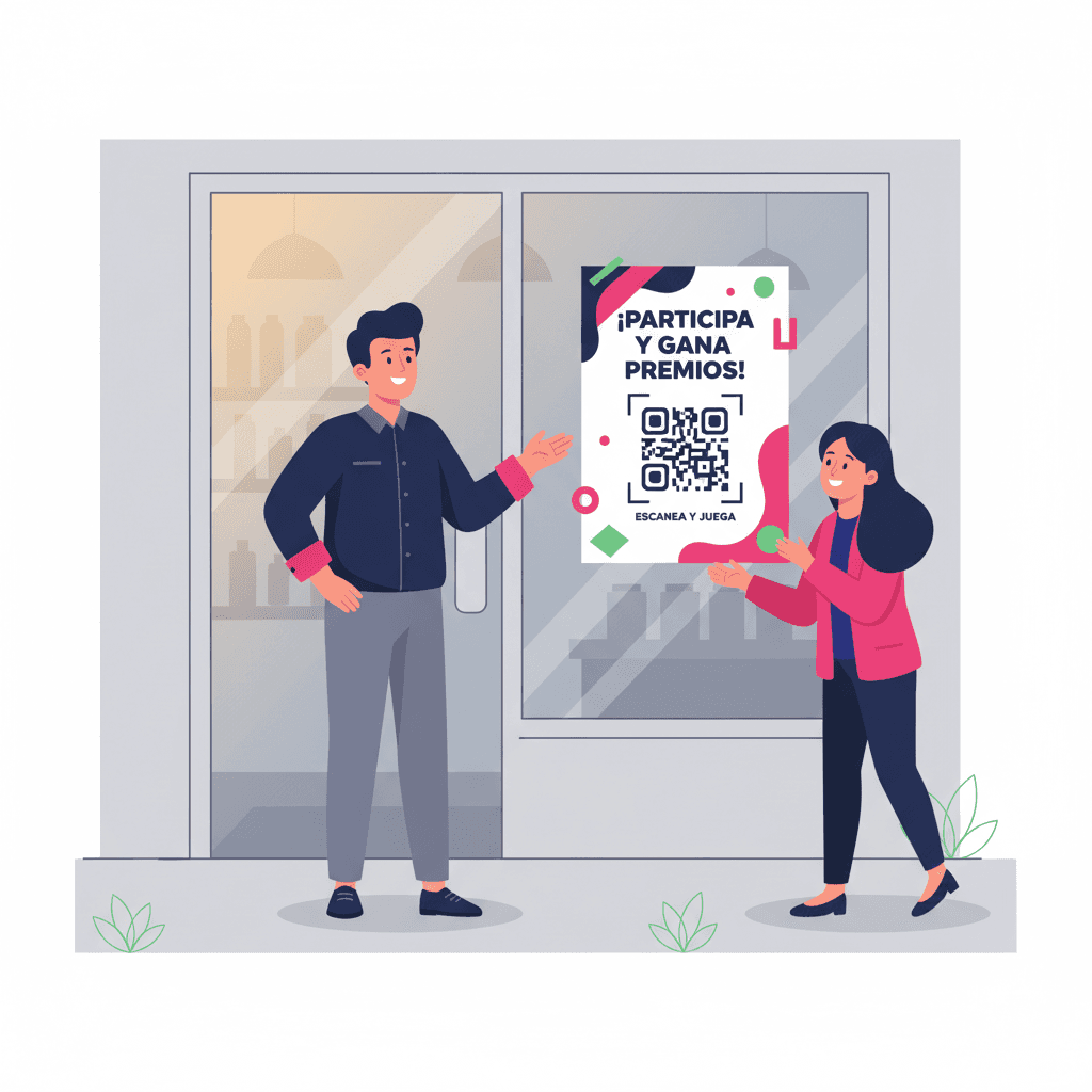 Dueño feliz colocando cartel con QR en la puerta de su local