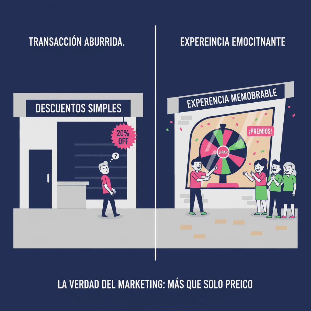 Comparación de local con descuento aburrido vacío versus local con ruleta lleno de clientes emocionados
