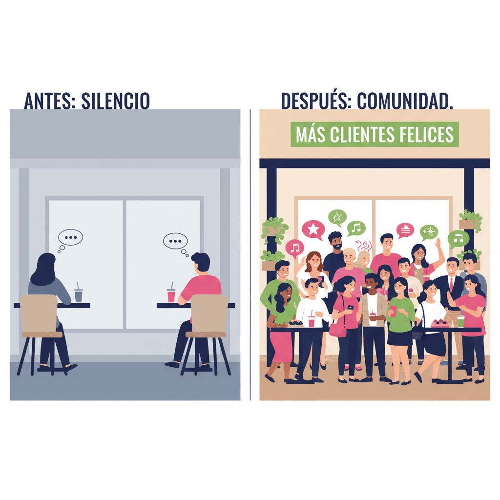 Comparación de local vacío y triste vs local lleno de clientes felices